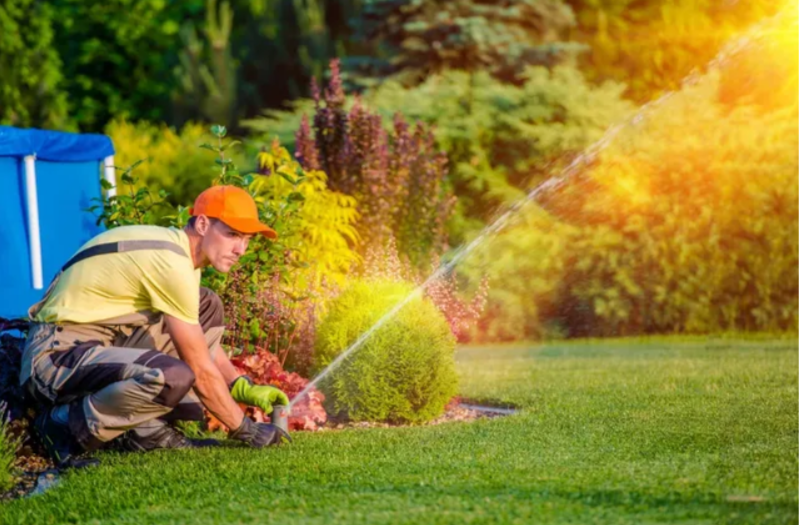 A man in an orange hat is watering the grass.