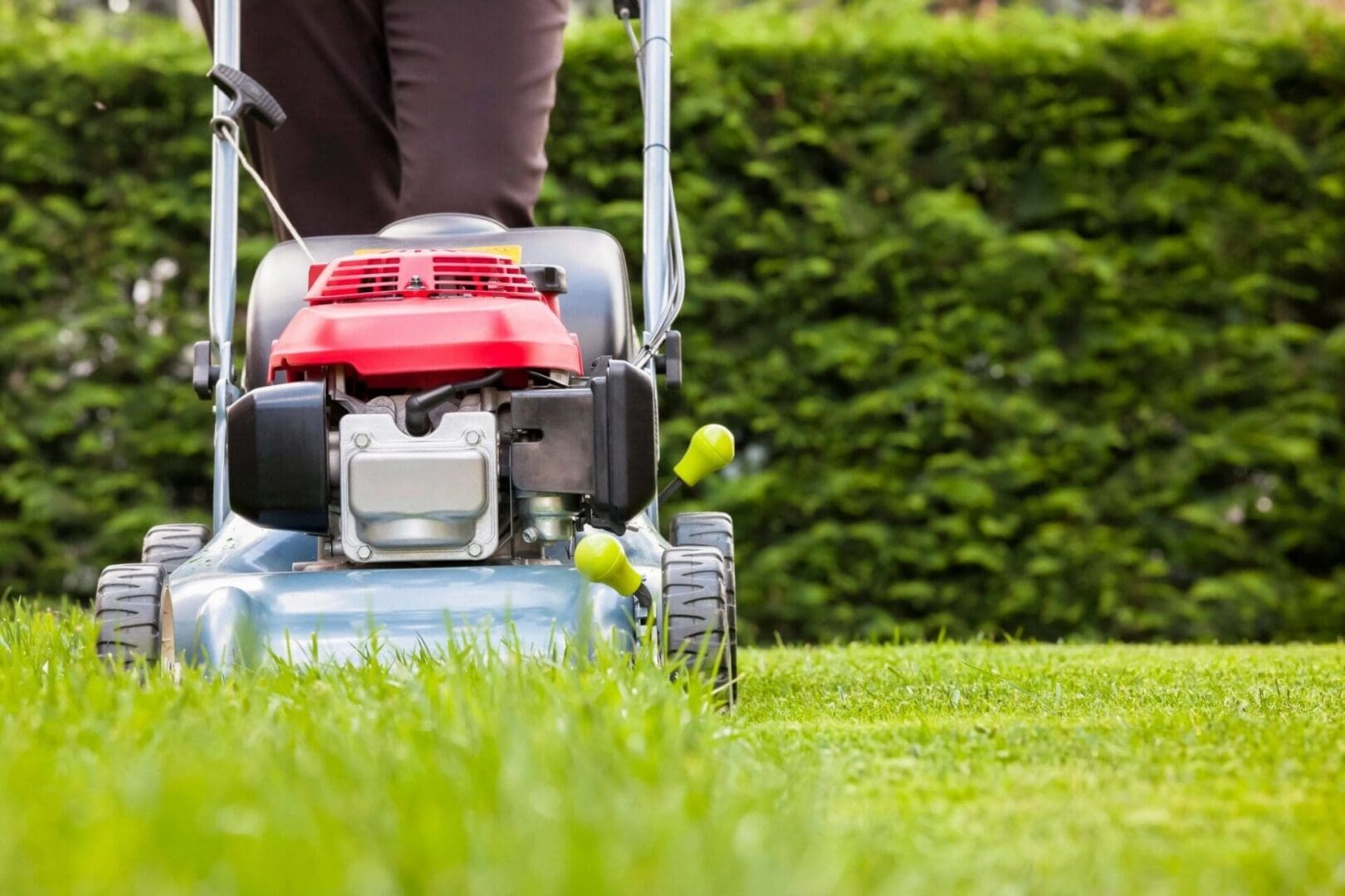 A person is using a lawn mower to cut the grass.